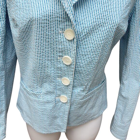 TALBOTS Seersucker Jacket Women's Size 4 Blue White Striped Long Sleeve - Picture 2 of 6